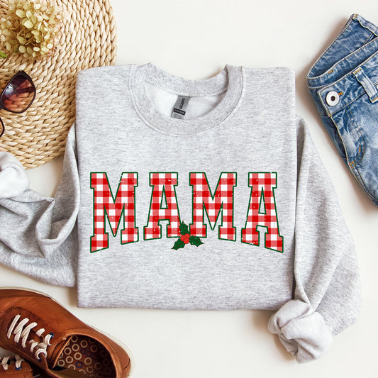 Mama, Red Checkered Christmas Plaid, Holly, Winter, Santa, Xmas Sweatshirt