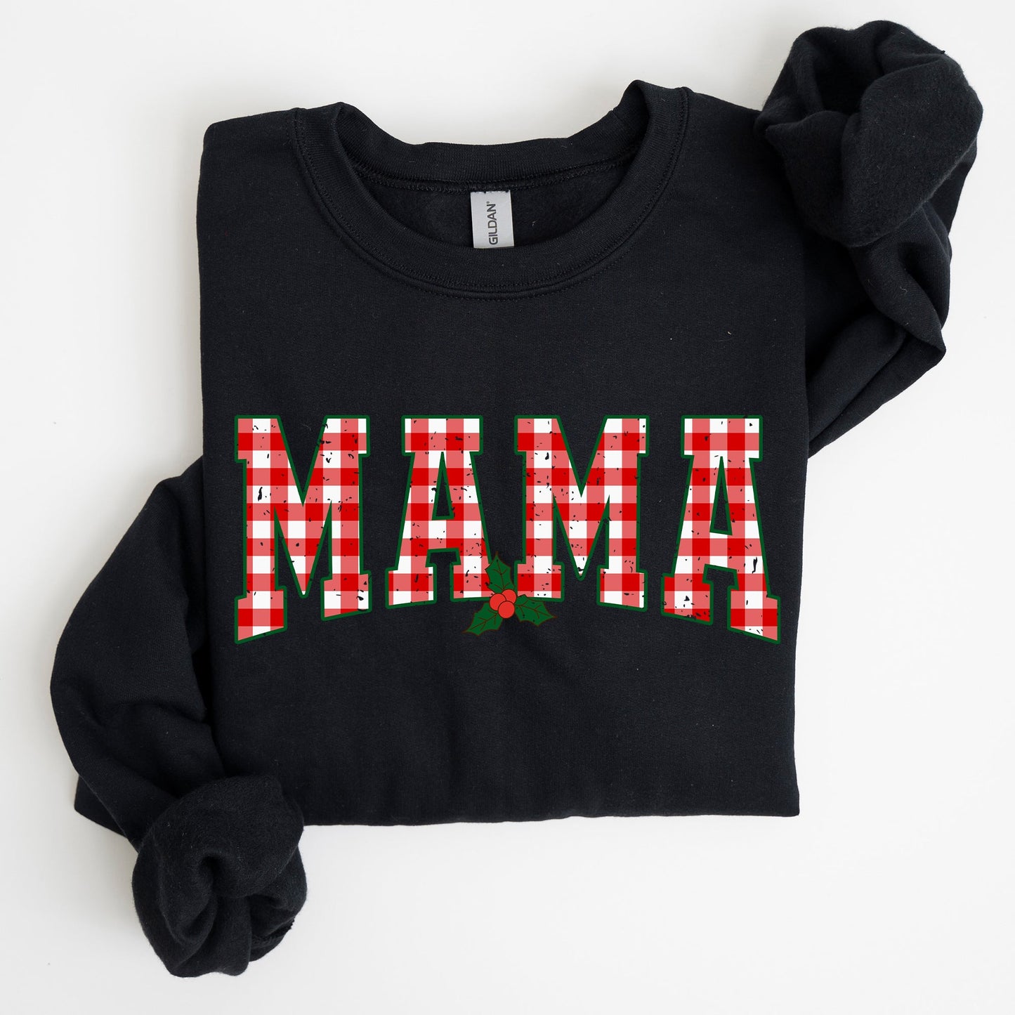 Mama, Red Checkered Christmas Plaid, Holly, Winter, Santa, Xmas Sweatshirt
