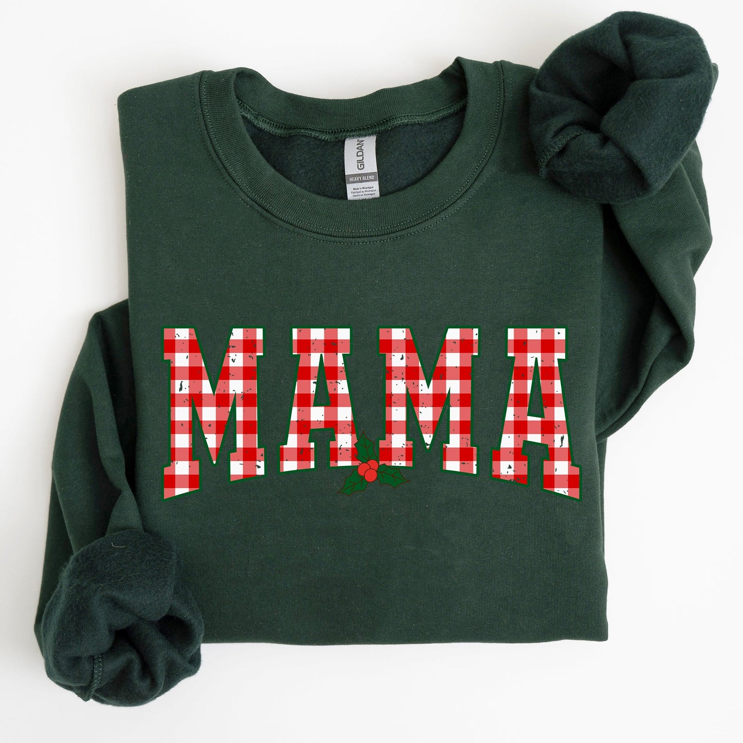 Mama, Red Checkered Christmas Plaid, Holly, Winter, Santa, Xmas Sweatshirt