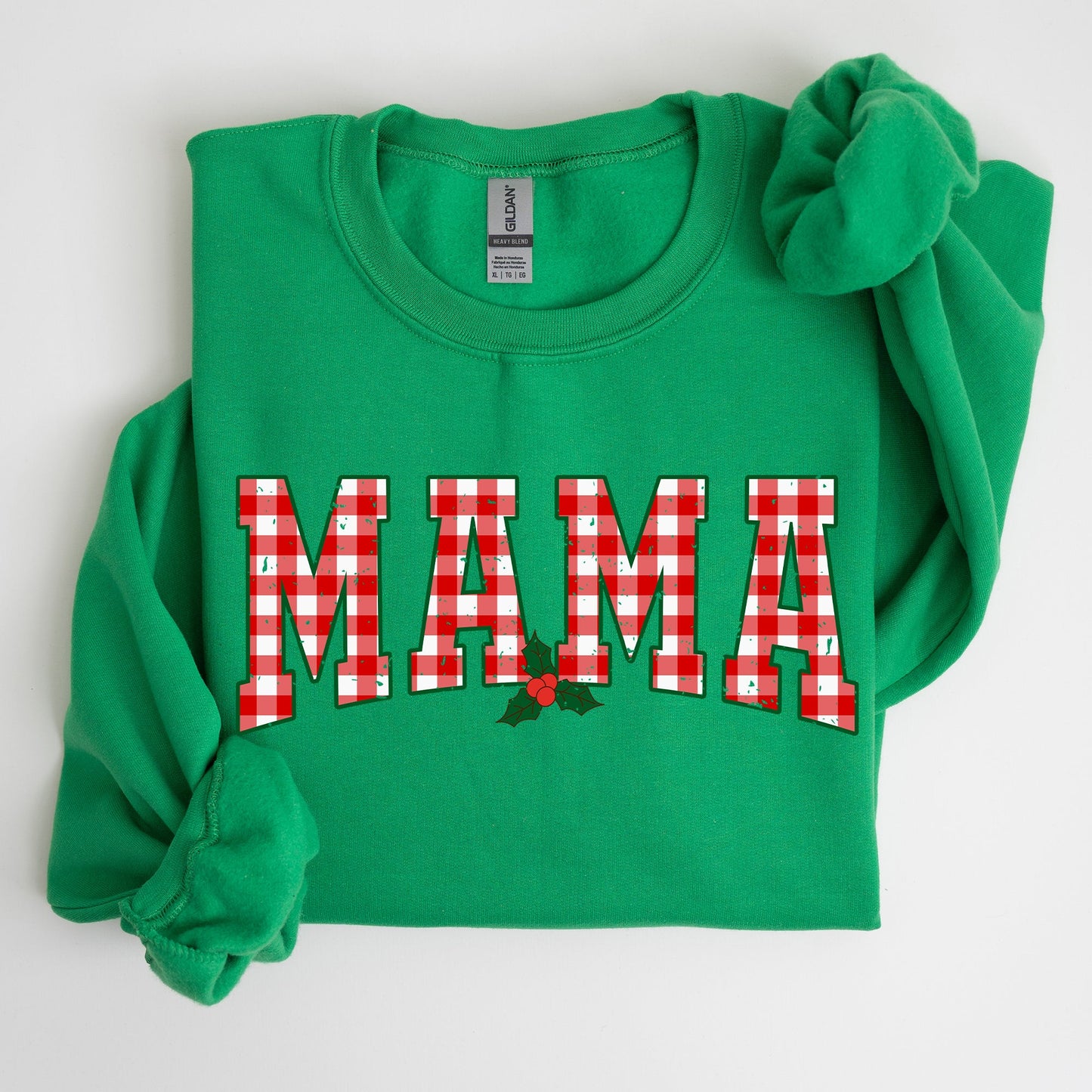 Mama, Red Checkered Christmas Plaid, Holly, Winter, Santa, Xmas Sweatshirt