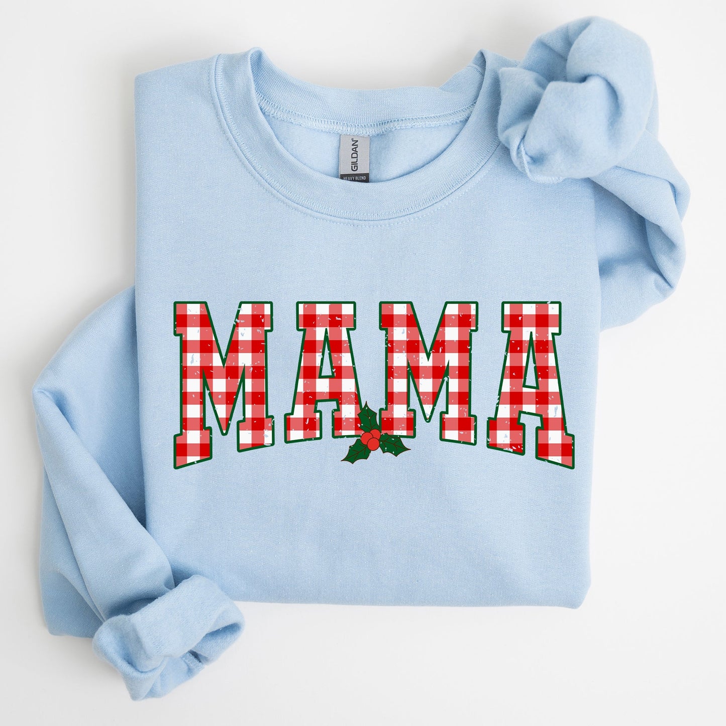 Mama, Red Checkered Christmas Plaid, Holly, Winter, Santa, Xmas Sweatshirt