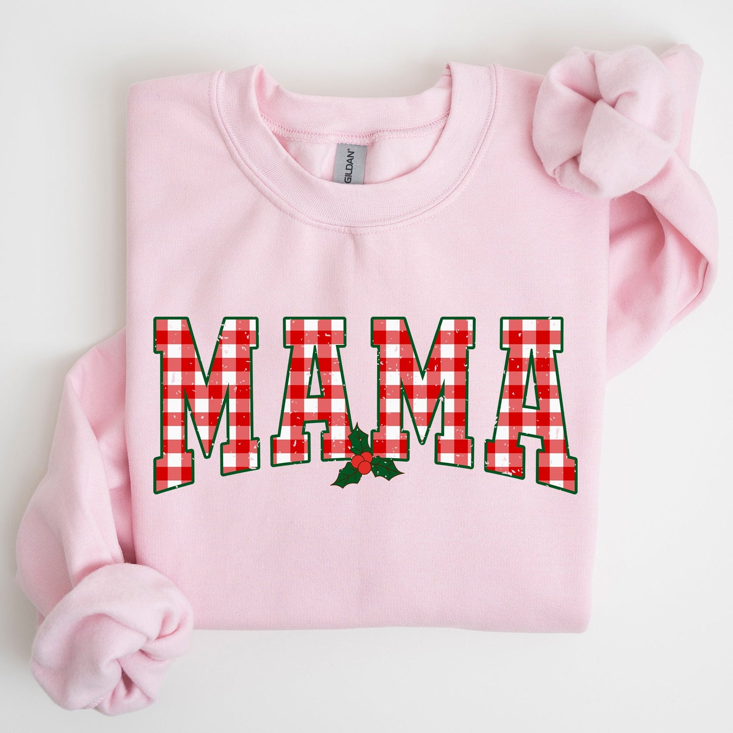 Mama, Red Checkered Christmas Plaid, Holly, Winter, Santa, Xmas Sweatshirt