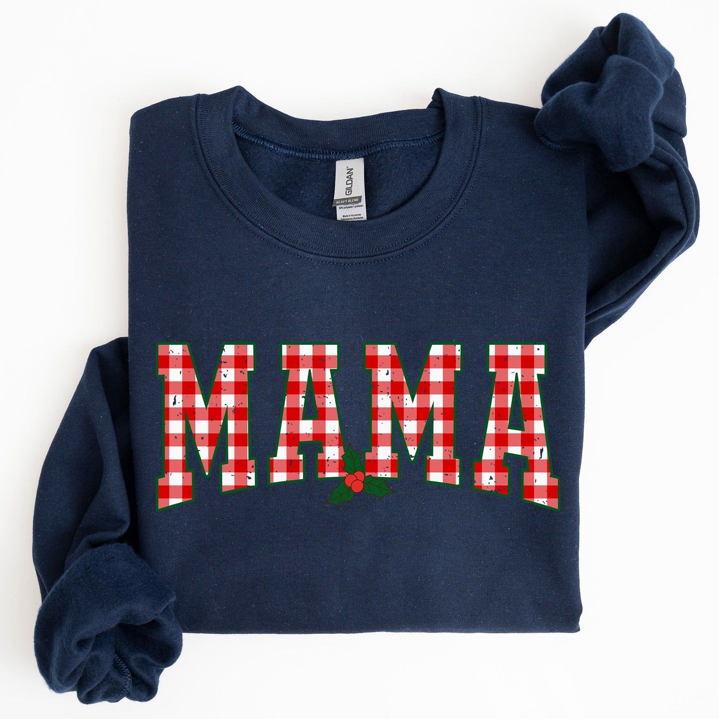 Mama, Red Checkered Christmas Plaid, Holly, Winter, Santa, Xmas Sweatshirt