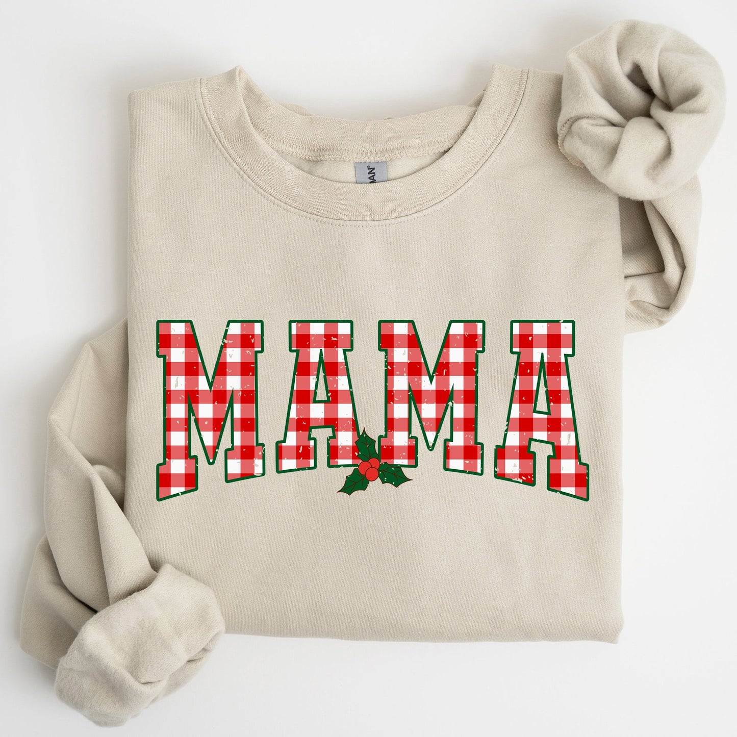Mama, Red Checkered Christmas Plaid, Holly, Winter, Santa, Xmas Sweatshirt