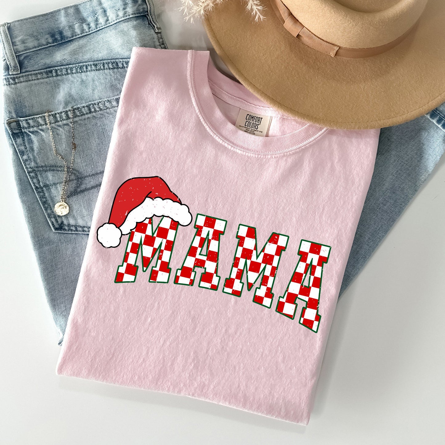 Mama, Red Checkered Christmas Plaid, Santa, Winter, Santa, Xmas Tshirt Comfort Colors T-Shirt
