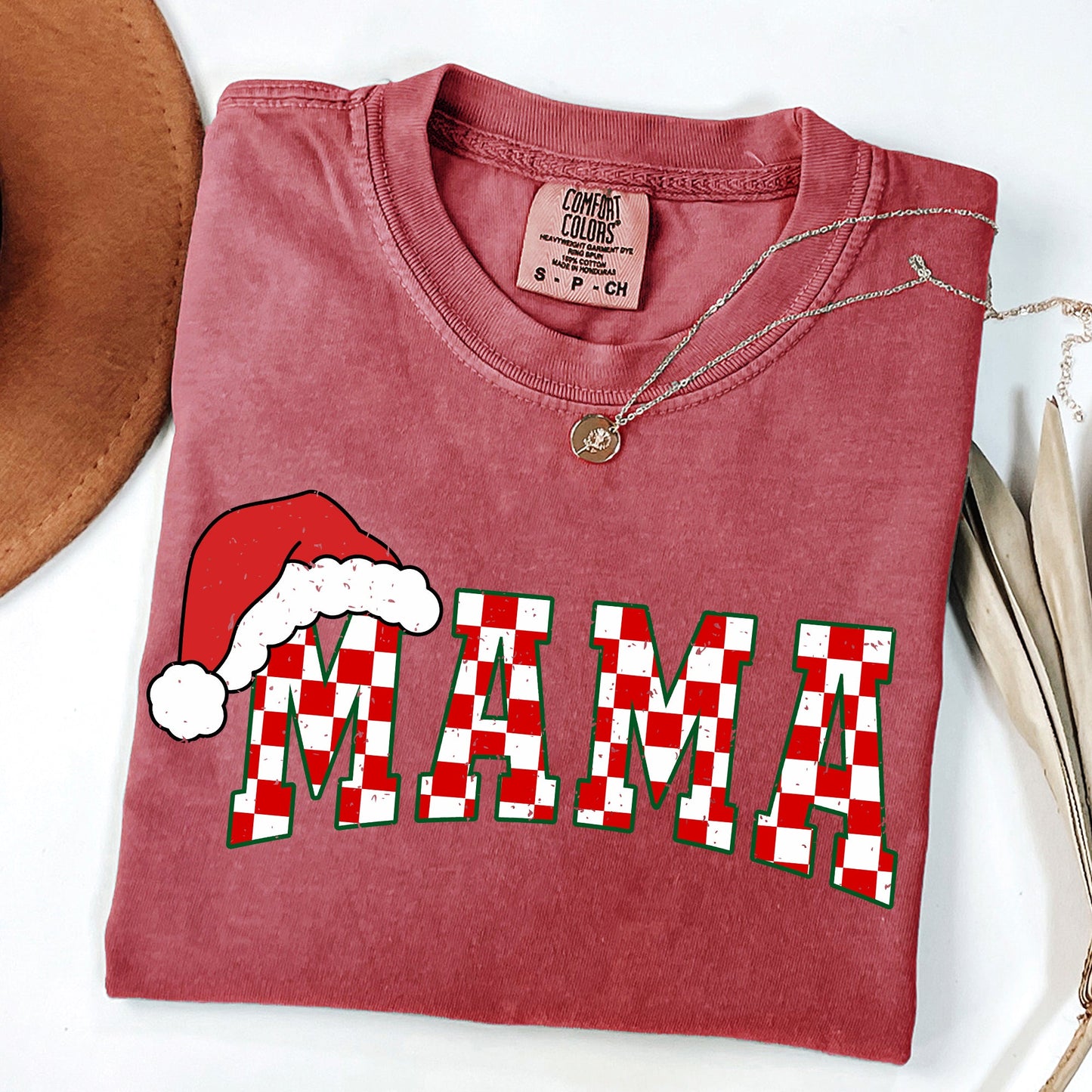 Mama, Red Checkered Christmas Plaid, Santa, Winter, Santa, Xmas Tshirt Comfort Colors T-Shirt