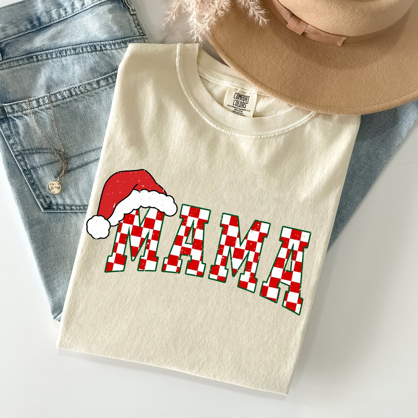 Mama, Red Checkered Christmas Plaid, Santa, Winter, Santa, Xmas Tshirt Comfort Colors T-Shirt