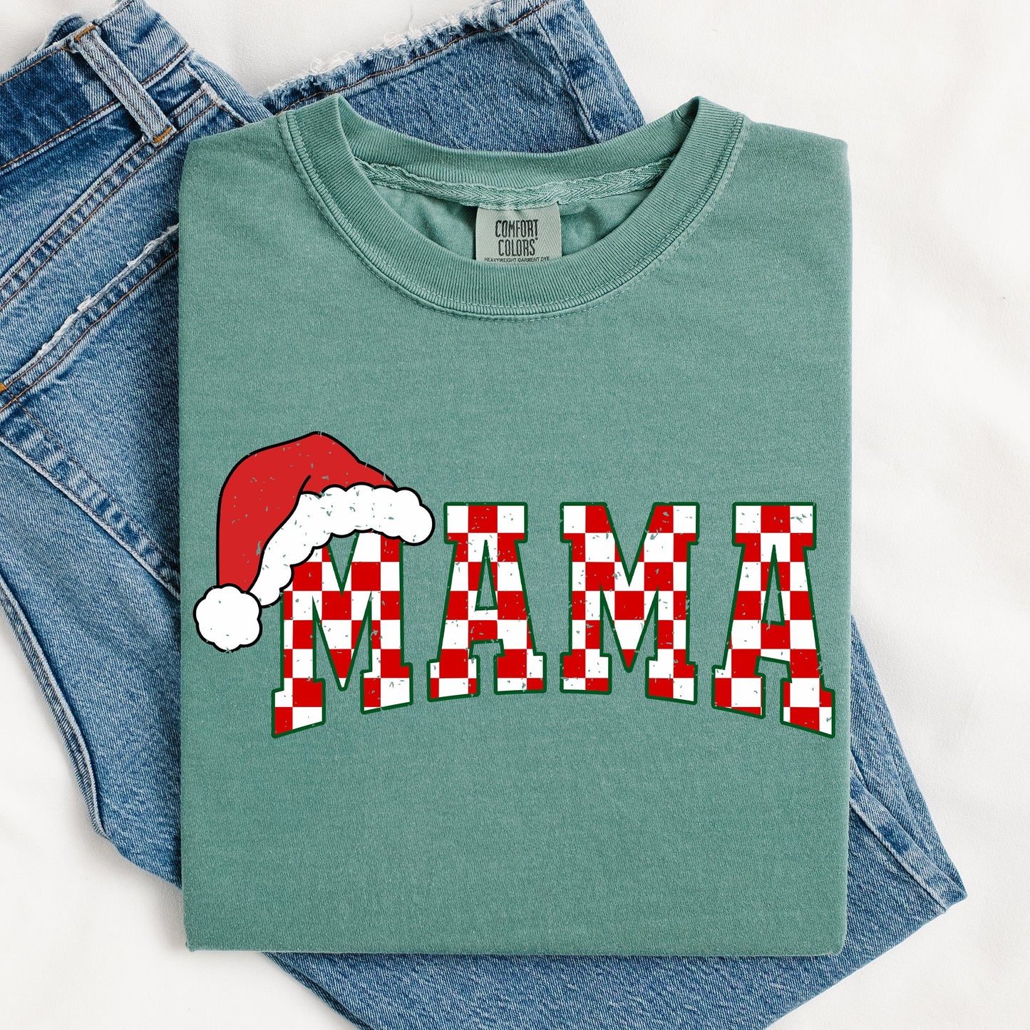 Mama, Red Checkered Christmas Plaid, Santa, Winter, Santa, Xmas Tshirt Comfort Colors T-Shirt