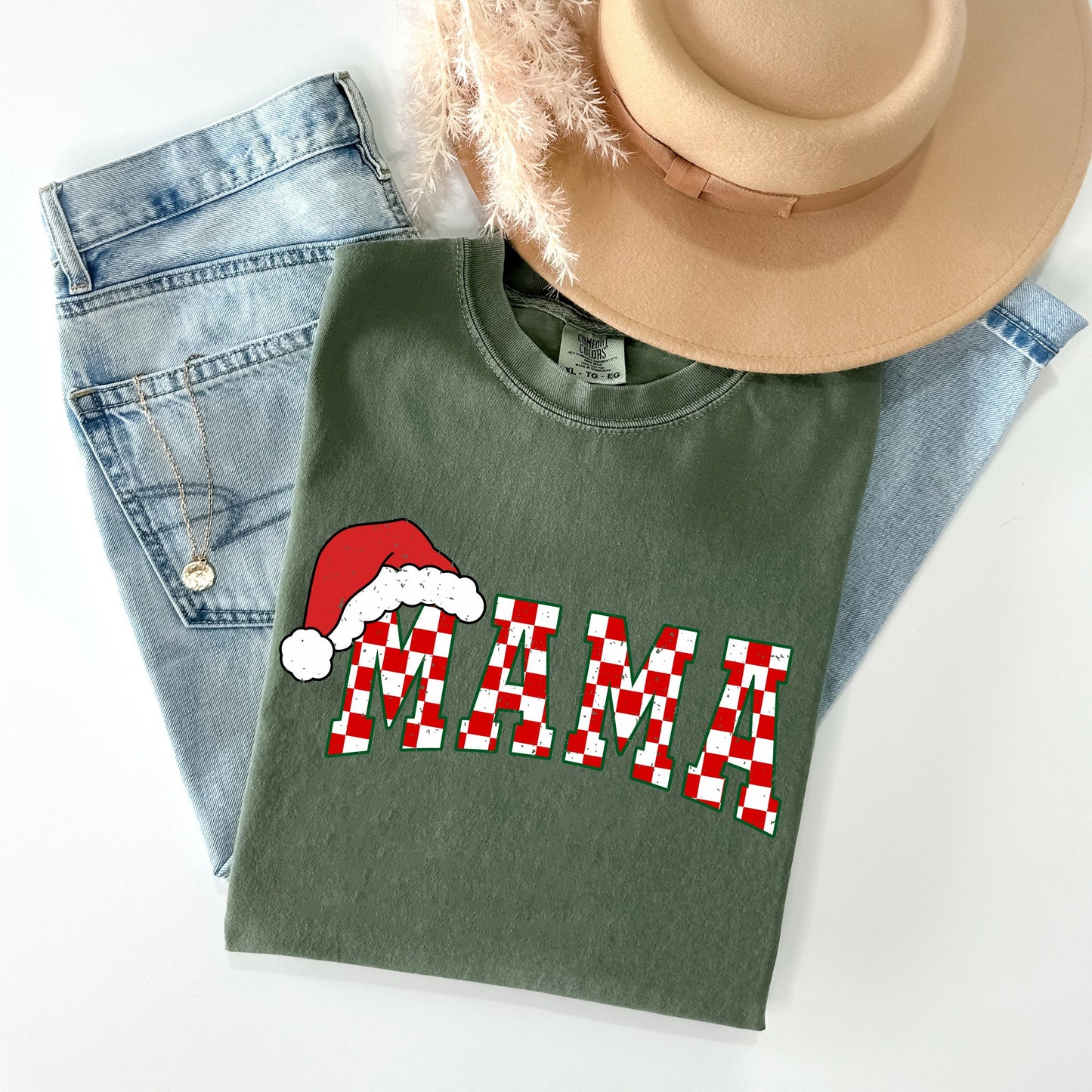 Mama, Red Checkered Christmas Plaid, Santa, Winter, Santa, Xmas Tshirt Comfort Colors T-Shirt