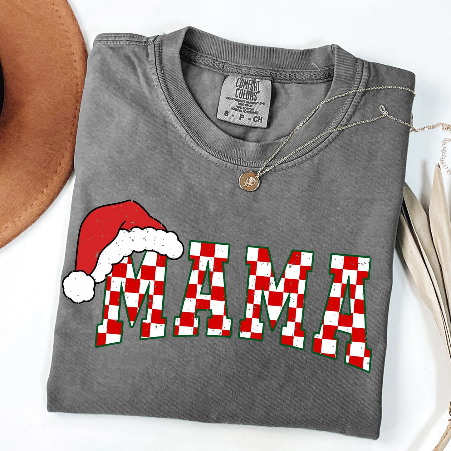 Mama, Red Checkered Christmas Plaid, Santa, Winter, Santa, Xmas Tshirt Comfort Colors T-Shirt