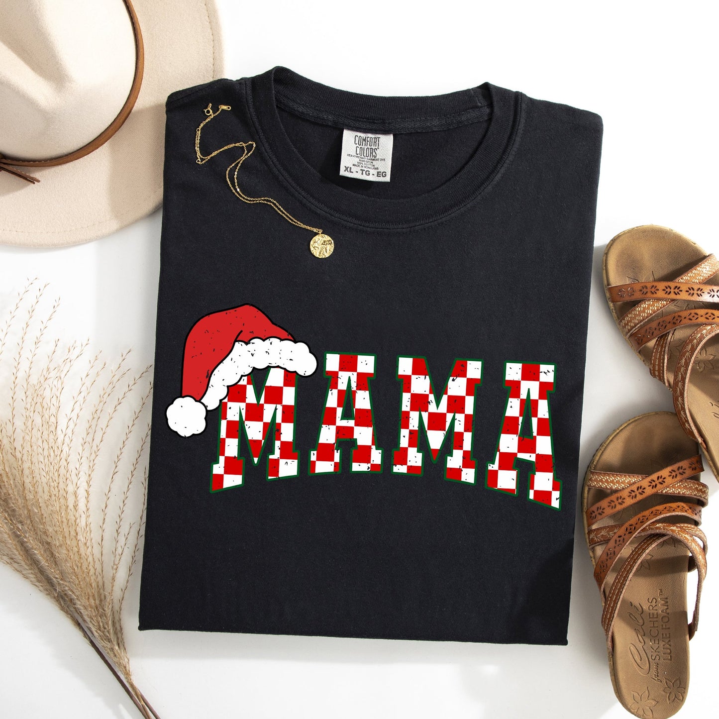 Mama, Red Checkered Christmas Plaid, Santa, Winter, Santa, Xmas Tshirt Comfort Colors T-Shirt