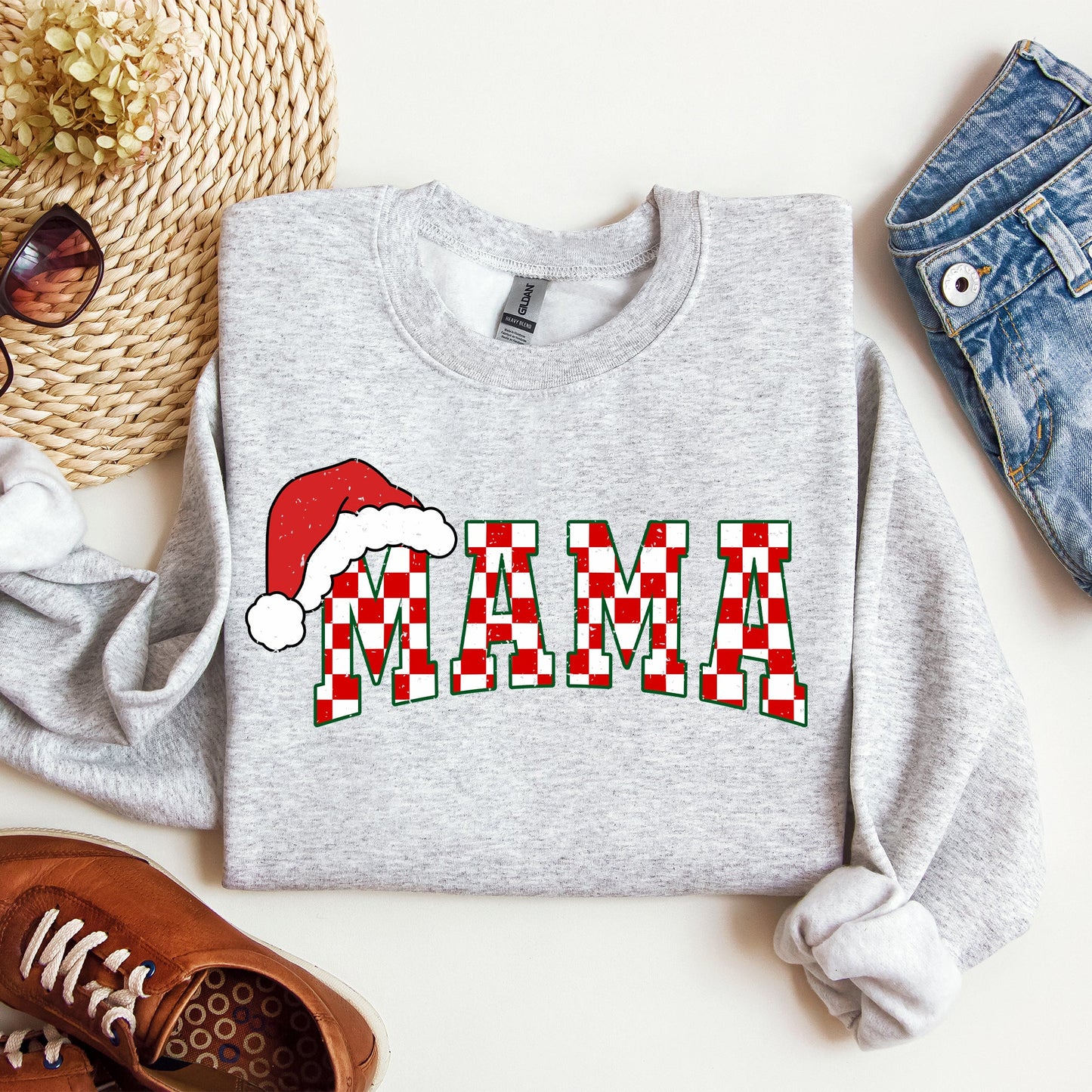 Mama, Red Checkered Christmas Plaid, Santa, Winter, Santa, Xmas Sweatshirt