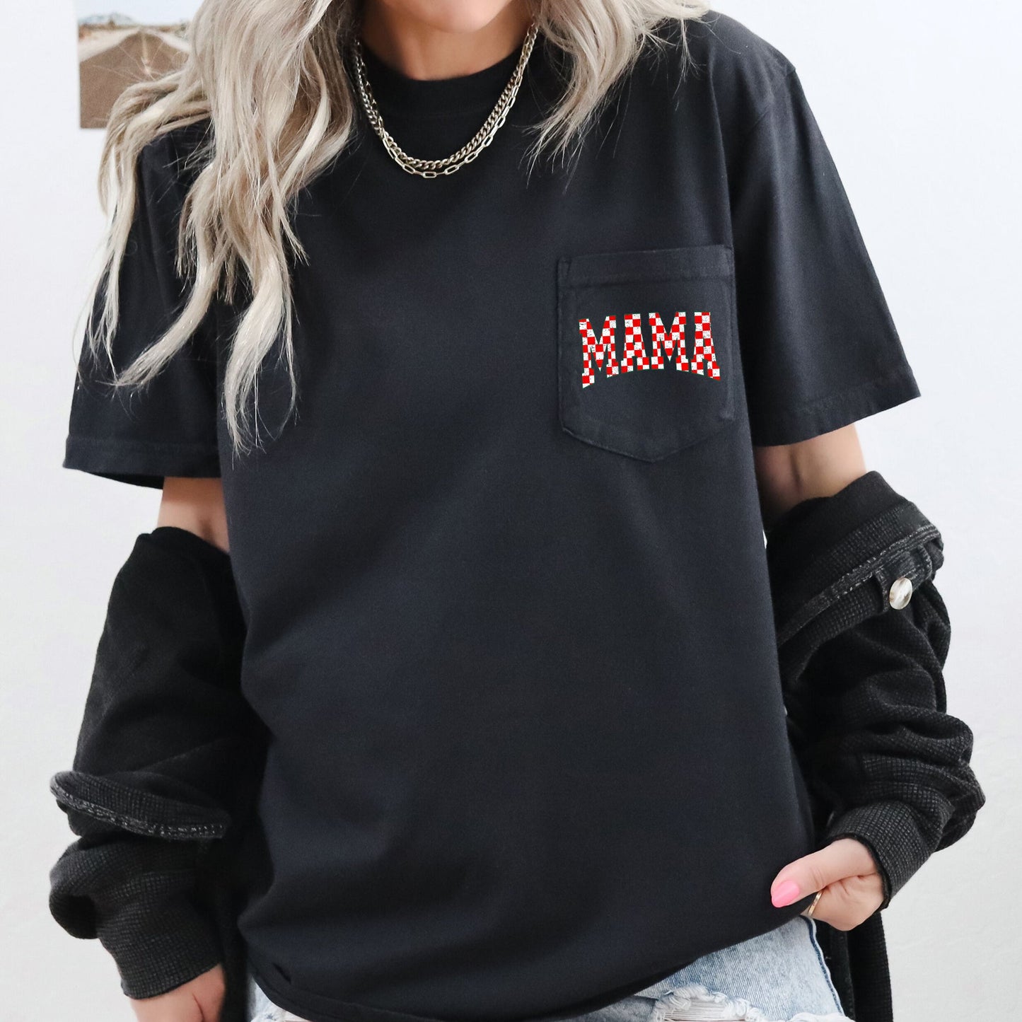 Mama, Retro Checkered Christmas, Pocket Tee Comfort Colors T-Shirt