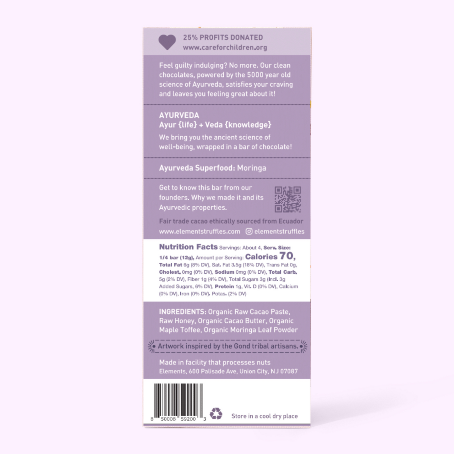 Back of a chocolate bar packaging with text and nutrition facts on a white background