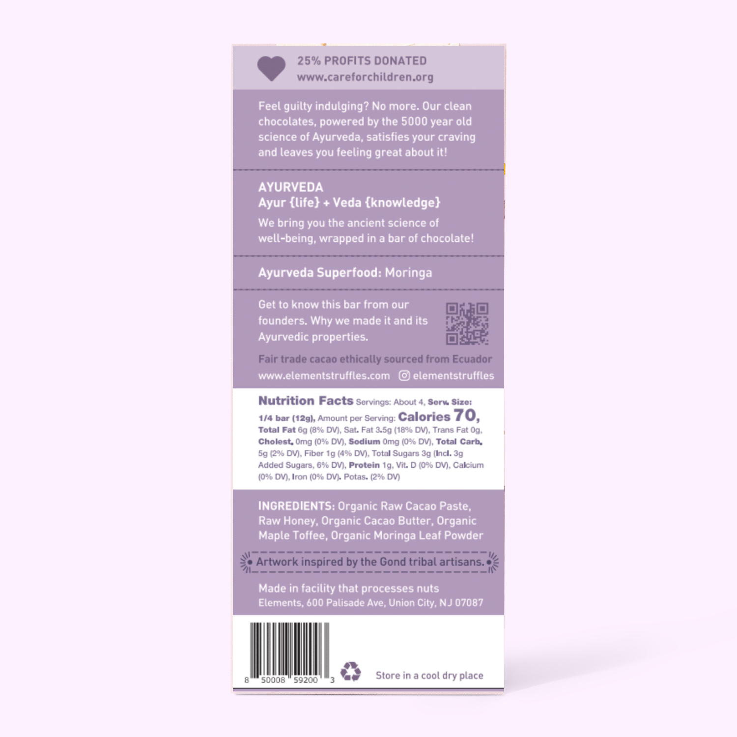 Back of a chocolate bar packaging with text and nutrition facts on a white background