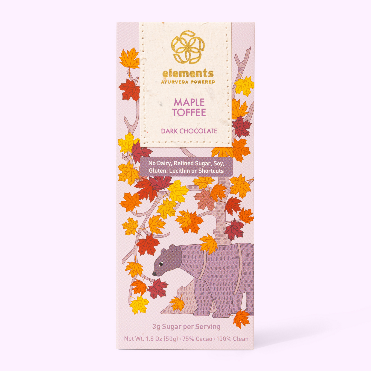 Dark chocolate bar packaging with autumn leaves and bear illustration on a white background
