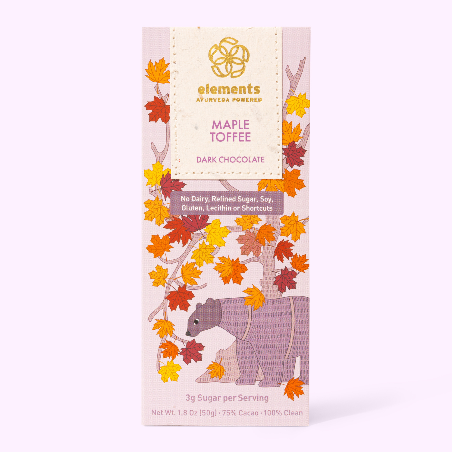 Dark chocolate bar packaging with autumn leaves and bear illustration on a white background