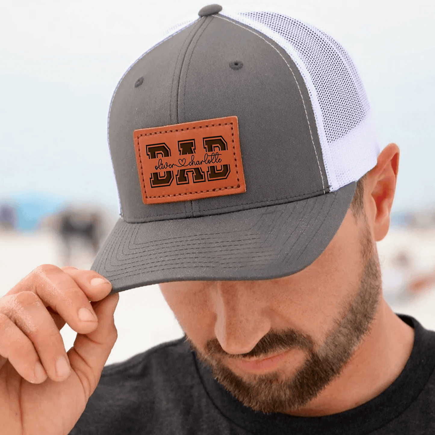 Custom Kids' Names Dad Papa Grandpa Trucker Hat  - Personalized Engraved Leather Patch Hat/Cap - Father's Day Gift for Him, Husband, Daddy, Dada