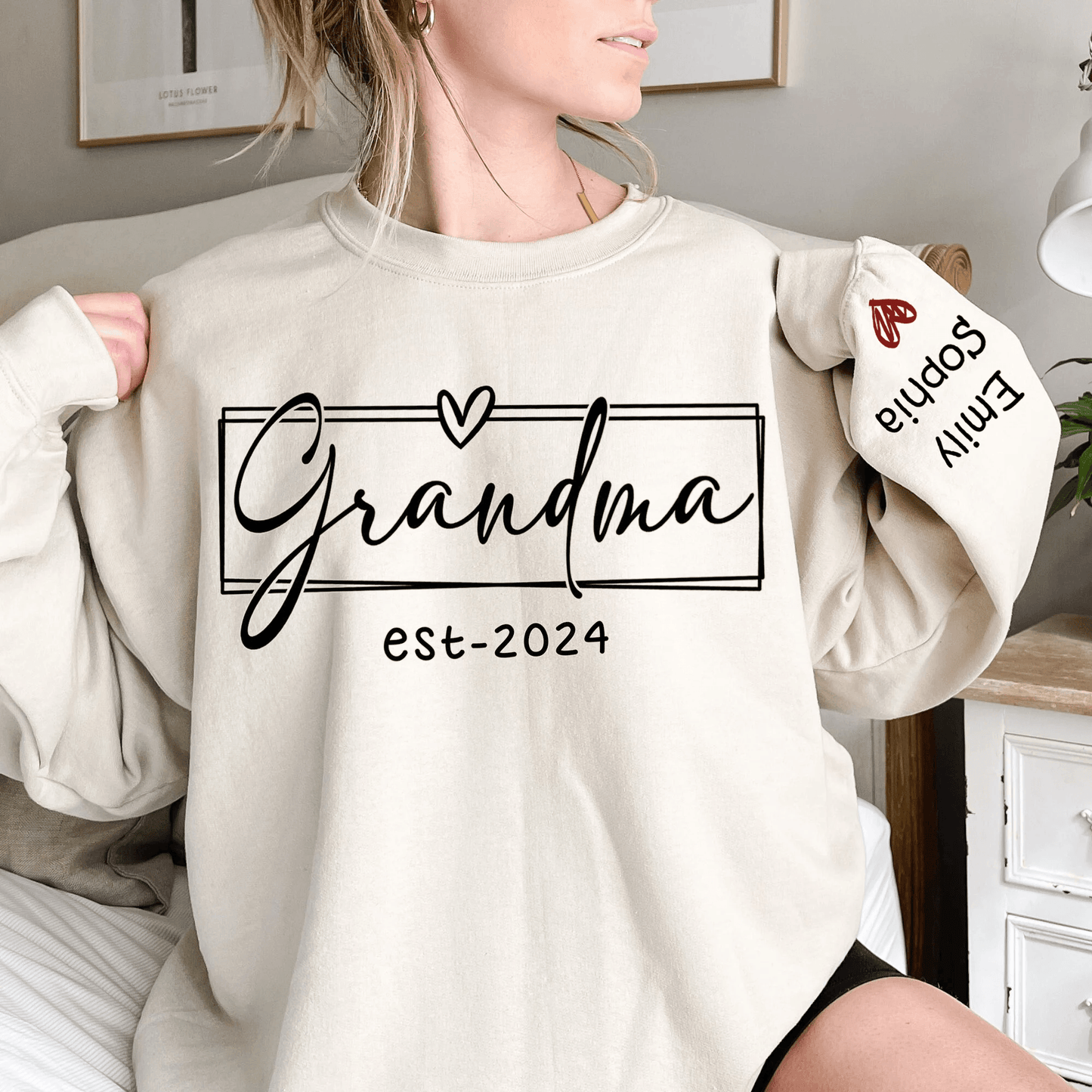 Up to 15 Kids - Custom Grandma Est. 2025 Sleeve Printed Sweater - Personalized Crewneck Sweatshirt - Gift for Grandma, Nana, or Grandparent | Birthday
