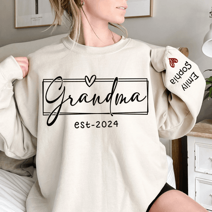 Up to 15 Kids - Custom Grandma Est. 2025 Sleeve Printed Sweater - Personalized Crewneck Sweatshirt - Gift for Grandma, Nana, or Grandparent | Birthday