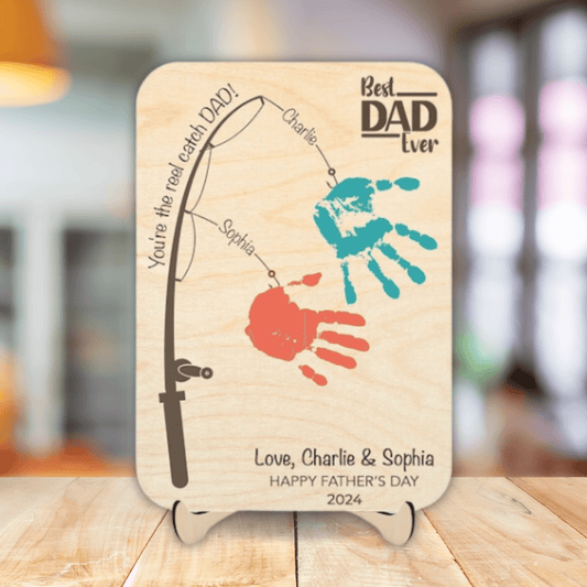 Fishing Handprint Sign - Personalized Wooden Plaque - Father's Day Gift for Dad, Papa, Grandpa, Daddy, Dada
