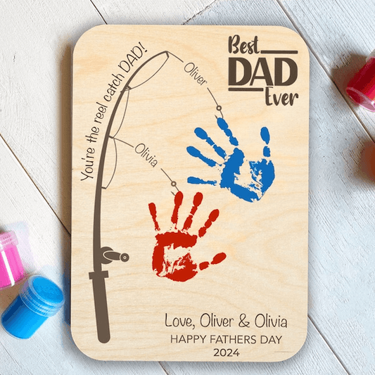 Fishing Handprint Sign - Personalized Wooden Plaque - Father's Day Gift for Dad, Papa, Grandpa, Daddy, Dada