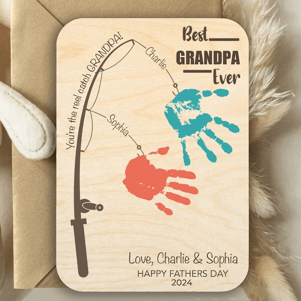 Fishing Handprint Sign - Personalized Wooden Plaque - Father's Day Gift for Dad, Papa, Grandpa, Daddy, Dada