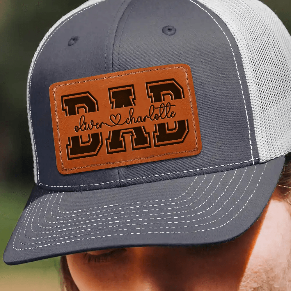 Custom Kids' Names Dad Papa Grandpa Trucker Hat  - Personalized Engraved Leather Patch Hat/Cap - Father's Day Gift for Him, Husband, Daddy, Dada