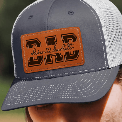 Custom Kids' Names Dad Papa Grandpa Trucker Hat  - Personalized Engraved Leather Patch Hat/Cap - Father's Day Gift for Him, Husband, Daddy, Dada