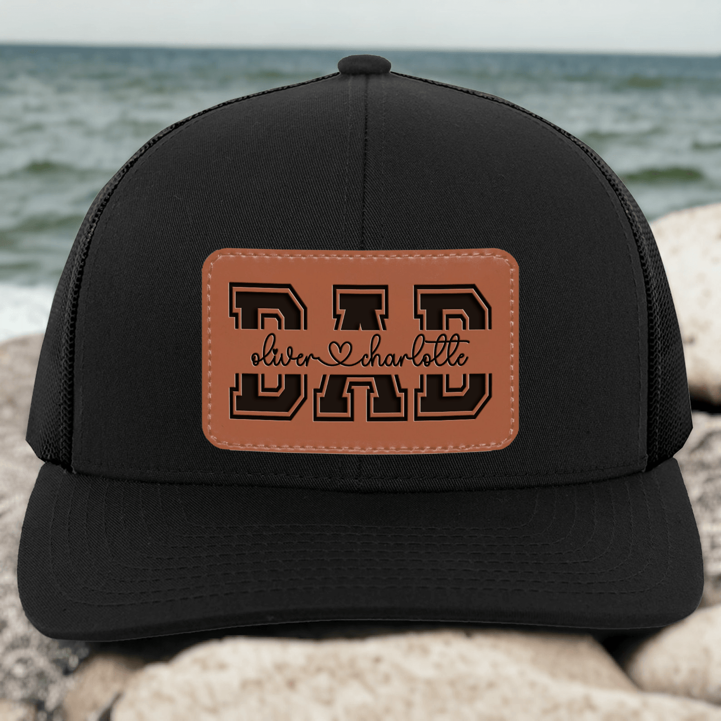 Custom Kids' Names Dad Papa Grandpa Trucker Hat  - Personalized Engraved Leather Patch Hat/Cap - Father's Day Gift for Him, Husband, Daddy, Dada
