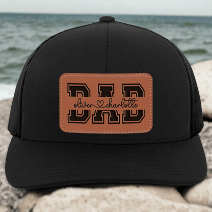Custom Kids' Names Dad Papa Grandpa Trucker Hat  - Personalized Engraved Leather Patch Hat/Cap - Father's Day Gift for Him, Husband, Daddy, Dada