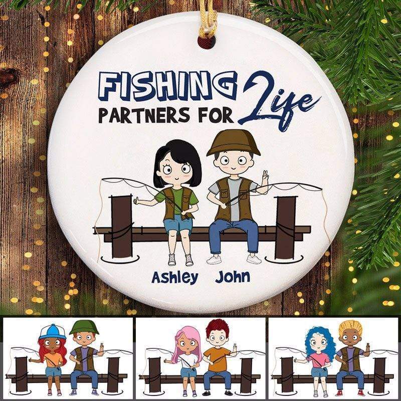Fishing Partner For Life Chibi Couple - Personalized Circle Ceramic Ornament - Christmas Gift For Couple, Husband, Wife, Fishing Lover