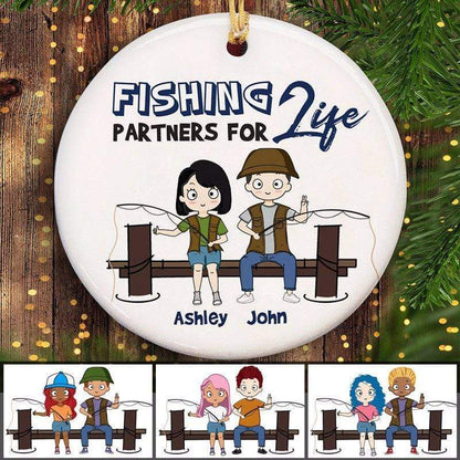 Fishing Partner For Life Chibi Couple - Personalized Circle Ceramic Ornament - Christmas Gift For Couple, Husband, Wife, Fishing Lover
