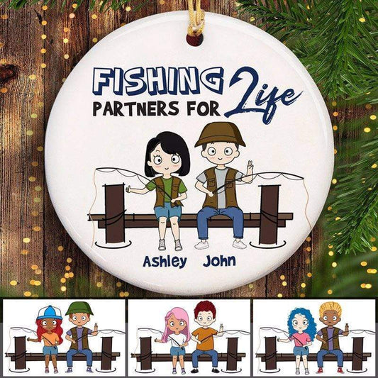 Fishing Partner For Life Chibi Couple - Personalized Circle Ceramic Ornament - Christmas Gift For Couple, Husband, Wife, Fishing Lover