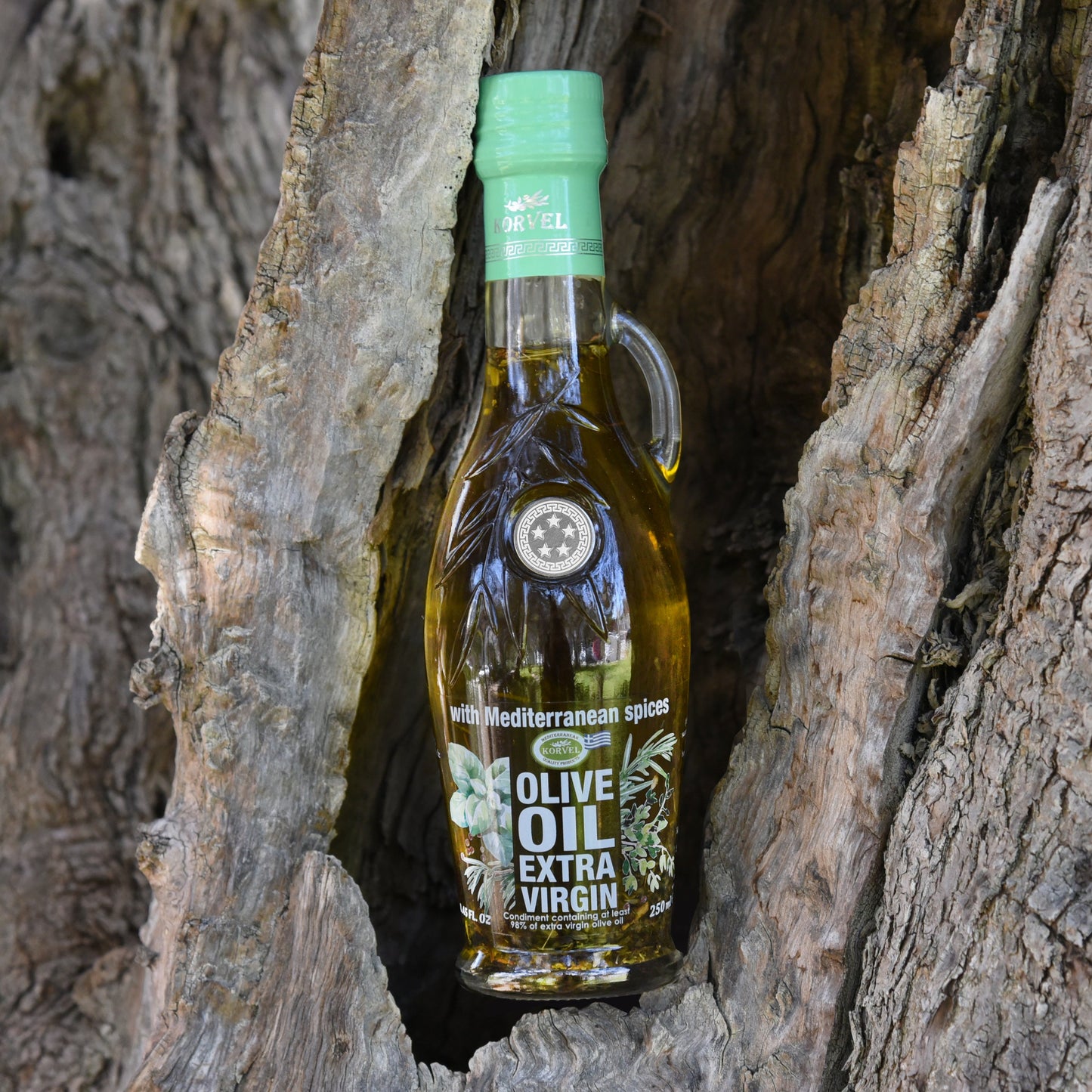 KORVEL Greek Extra Virgin Olive Oil with Mediterranean herbs, Amphora 8.45 fl oz (250ml) - 6 pack
