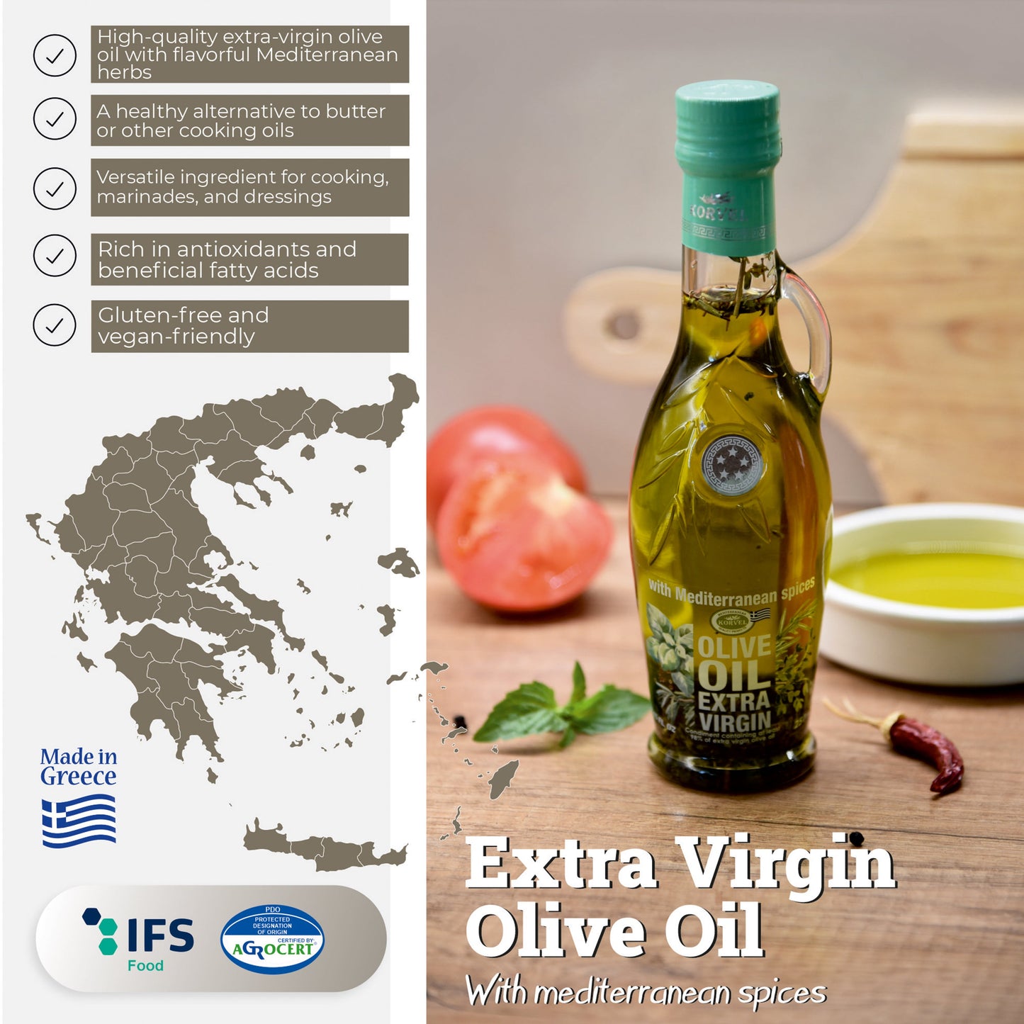 KORVEL Greek Extra Virgin Olive Oil with Mediterranean herbs, Amphora 8.45 fl oz (250ml) - 6 pack