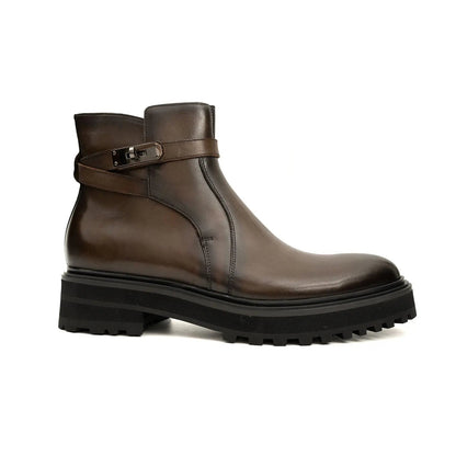Men's Coffee Calfskin Buckle Chelsea Boots