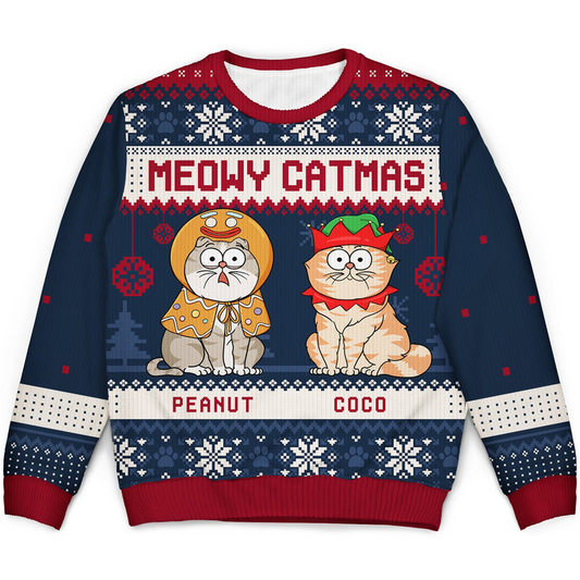 Meowy Catmas Funny Cartoon Cats - Personalized Custom Ugly Sweater - Christmas Gift For Cat Lovers, Cat Moms, Cat Dads