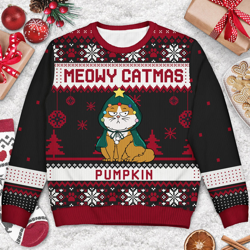Meowy Catmas Funny Cartoon Cats - Personalized Custom Ugly Sweater - Christmas Gift For Cat Lovers, Cat Moms, Cat Dads