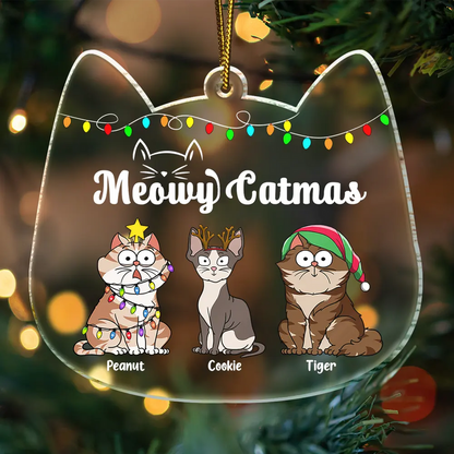 Meowy Catmas Funny Cartoon Cats - Personalized Custom Shaped Acrylic Ornament - Christmas Gift For Cat Lovers, Cat Mom, Cat Dad
