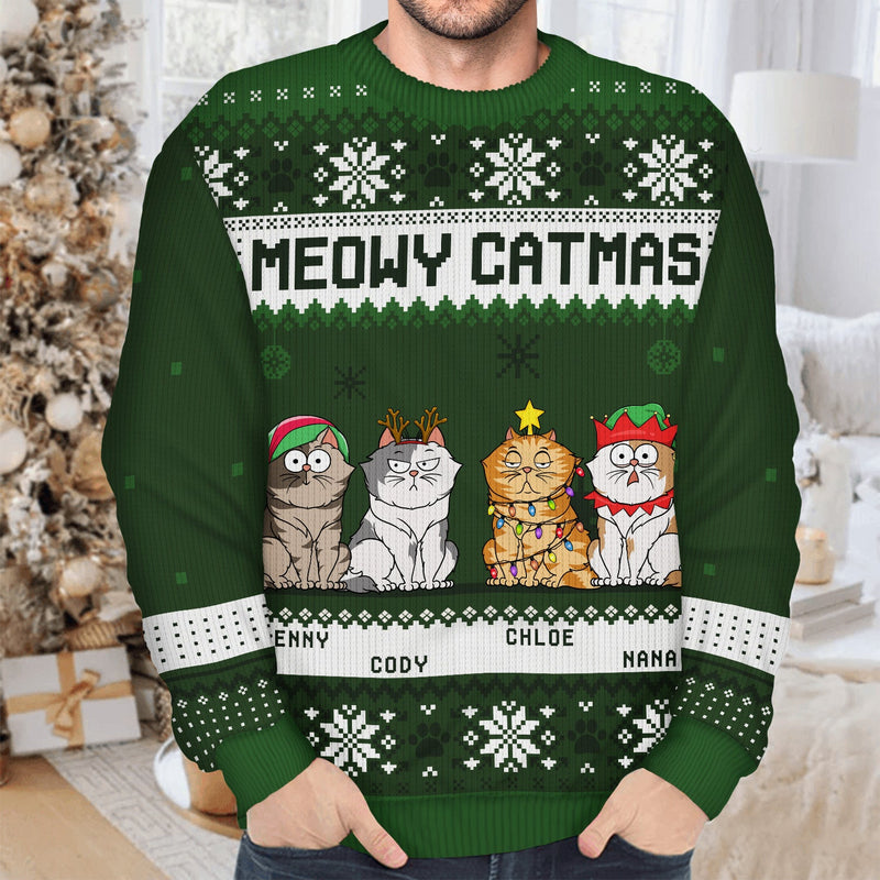Meowy Catmas Funny Cartoon Cats - Personalized Custom Ugly Sweater - Christmas Gift For Cat Lovers, Cat Moms, Cat Dads