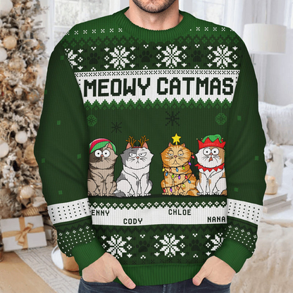 Meowy Catmas Funny Cartoon Cats - Personalized Custom Ugly Sweater - Christmas Gift For Cat Lovers, Cat Moms, Cat Dads
