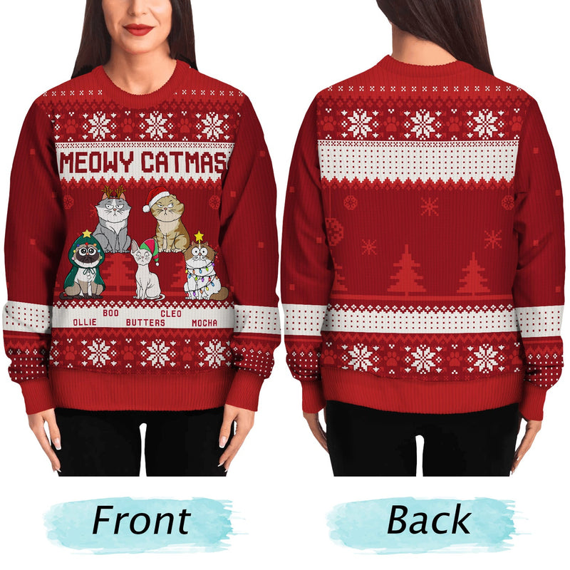 Meowy Catmas Funny Cartoon Cats - Personalized Custom Ugly Sweater - Christmas Gift For Cat Lovers, Cat Moms, Cat Dads