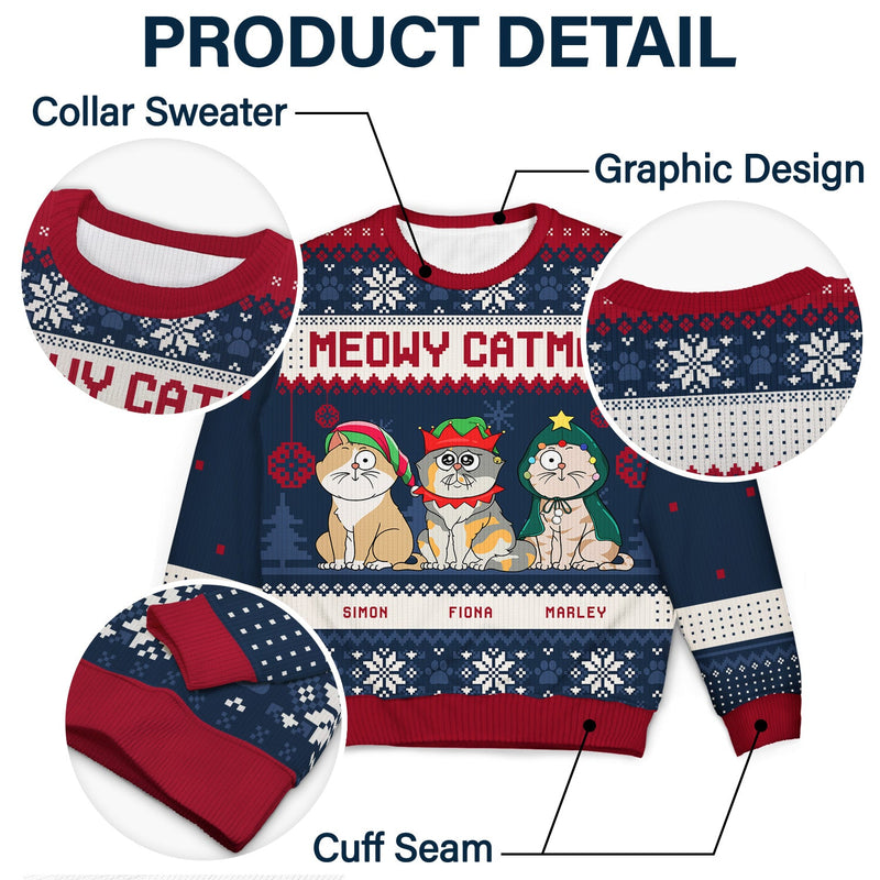 Meowy Catmas Funny Cartoon Cats - Personalized Custom Ugly Sweater - Christmas Gift For Cat Lovers, Cat Moms, Cat Dads