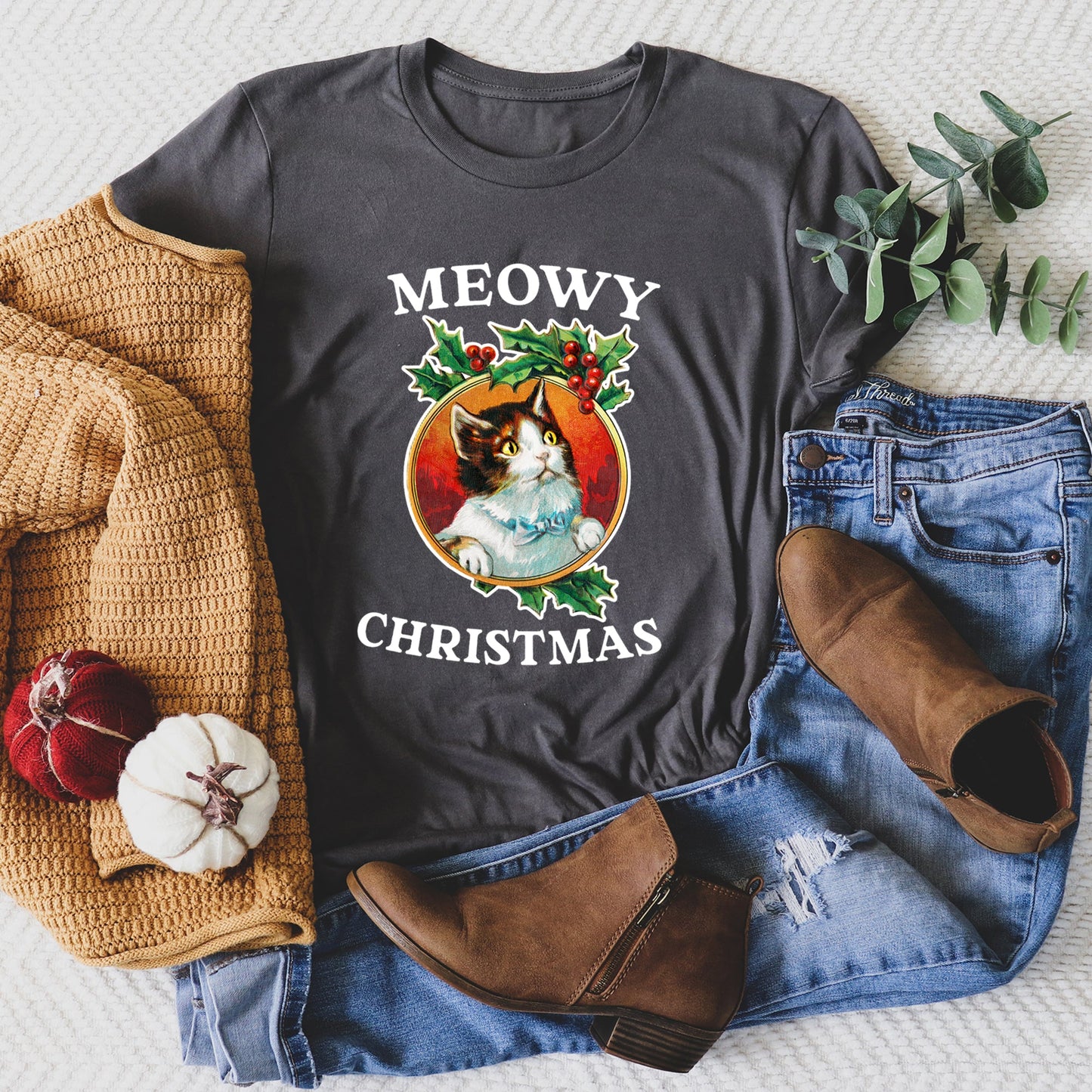 Meowy Christmas, Funny, Retro, Cat - White Super Soft Tees
