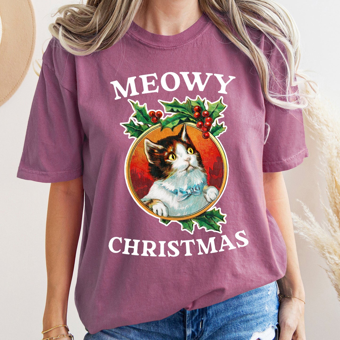 Meowy Christmas, Funny, Retro, Cat, Comfort Colors, Tshirt