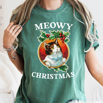 Meowy Christmas, Funny, Retro, Cat, Comfort Colors, Tshirt