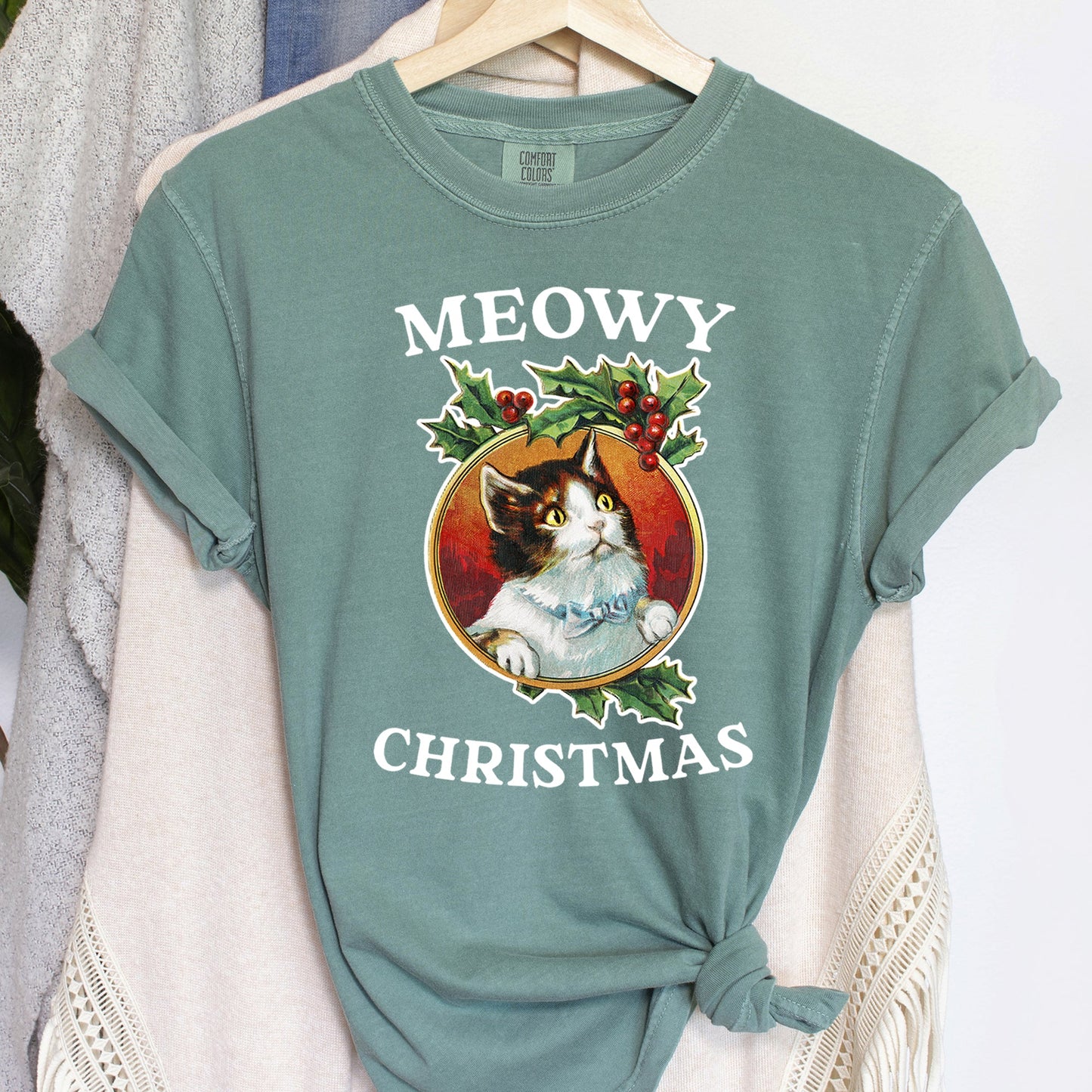 Meowy Christmas, Funny, Retro, Cat, Comfort Colors, Tshirt