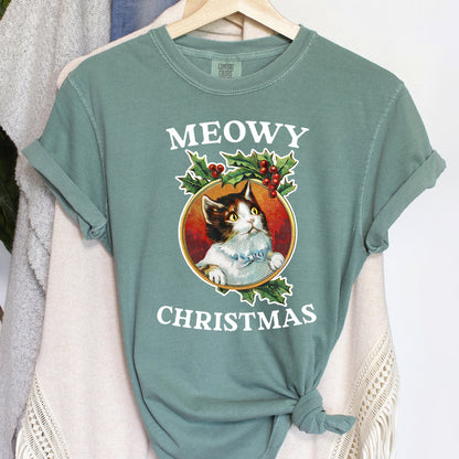 Meowy Christmas, Funny, Retro, Cat, Comfort Colors, Tshirt