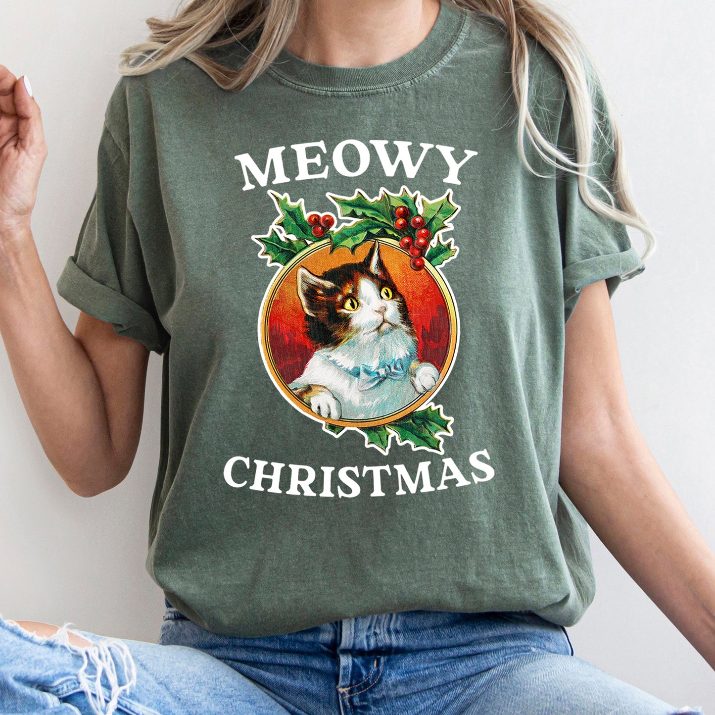 Meowy Christmas, Funny, Retro, Cat, Comfort Colors, Tshirt